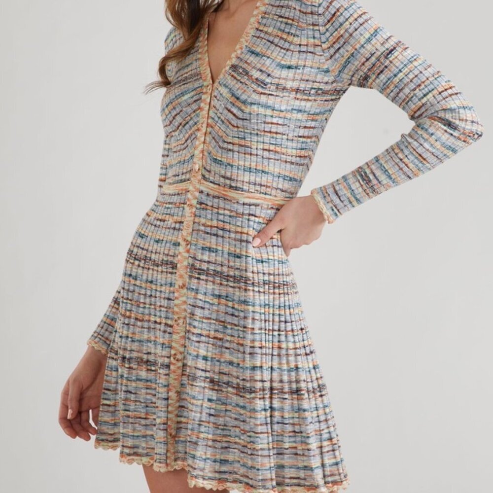 Shoshanna Women's Mini Dress Size L Multicolor Scalloped Hem Knit Ribbed V Neck